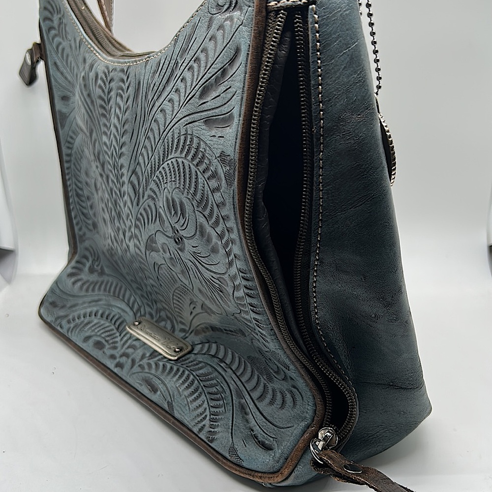 American West Gorgeous Light Blue/Brown Floral Leather Shoulder Bag Purse 🌸🌸 - Picture 4 of 14